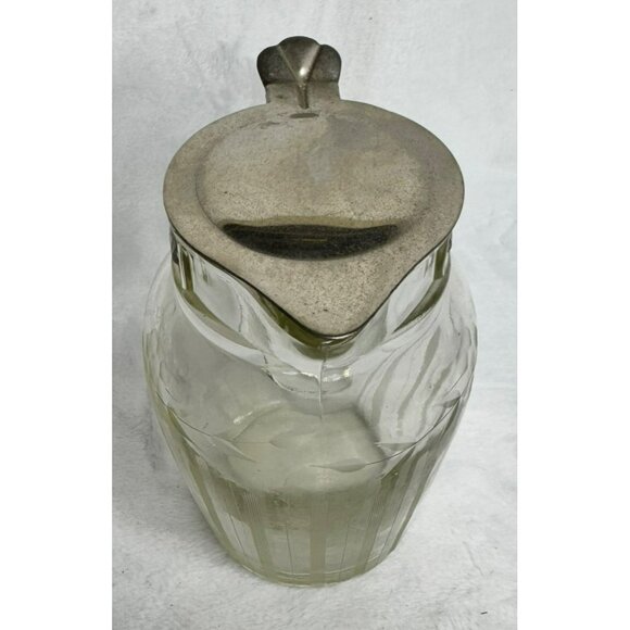 VTG Glass Syrup Pitcher With Metal Lid Etched Floral Design Marked E & JB 1916 - Picture 3 of 13
